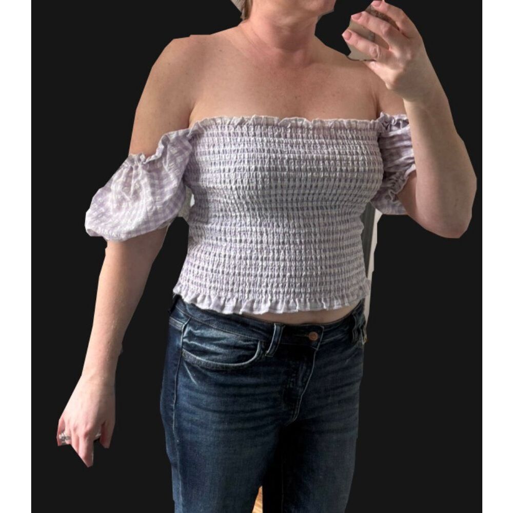 Chaser Purple Checkered Smocked Puff Sleeve Square Neck Top Women’s Size M